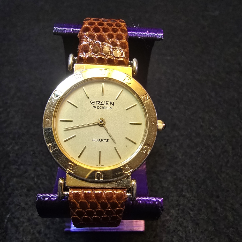 Gruen Precision Women's Gold Tone Watch on a Vintage Brown Leather Strap